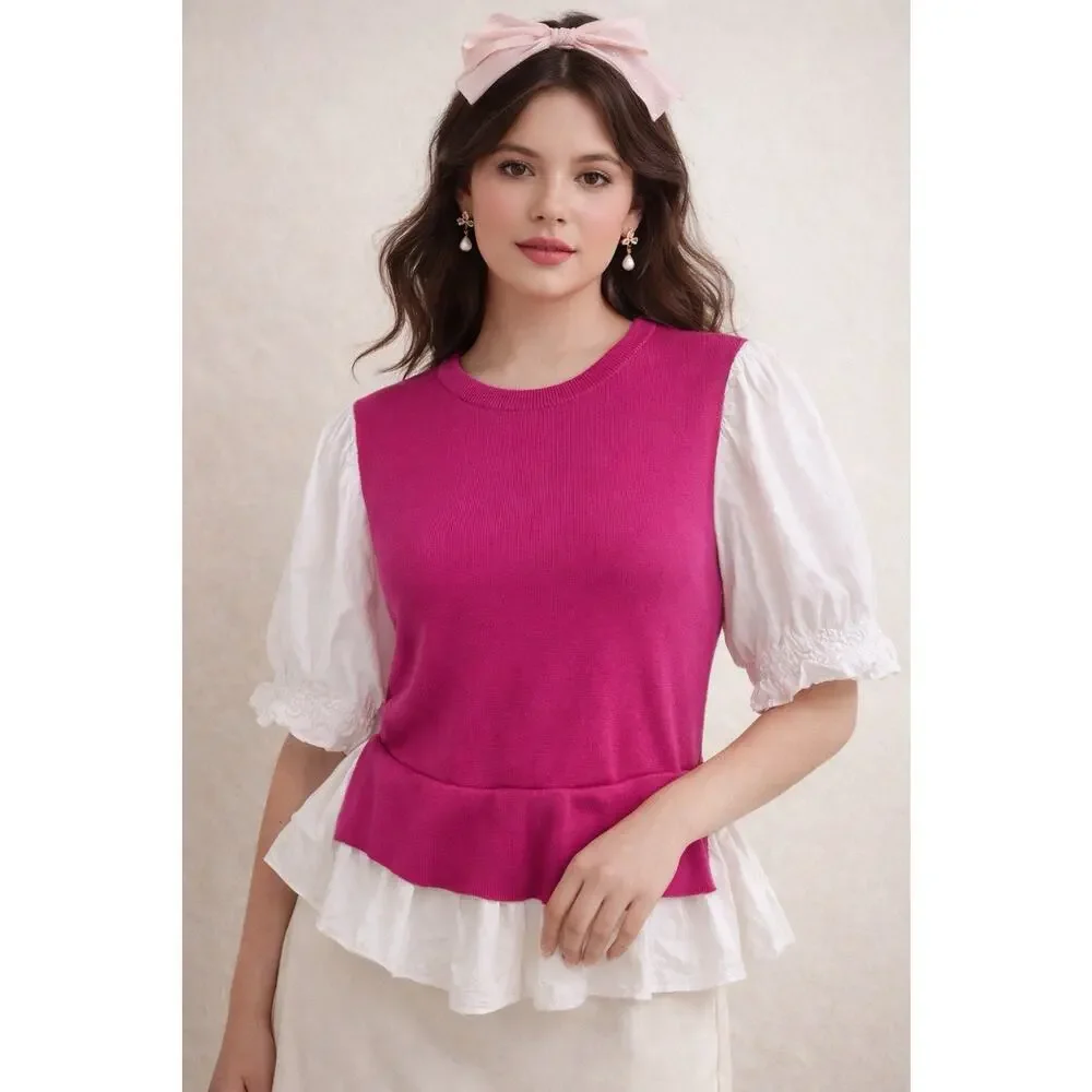 Anthropologie Pink Knit Peplum Top Large Puff Sleeve Cottagecore Coquette Blouse